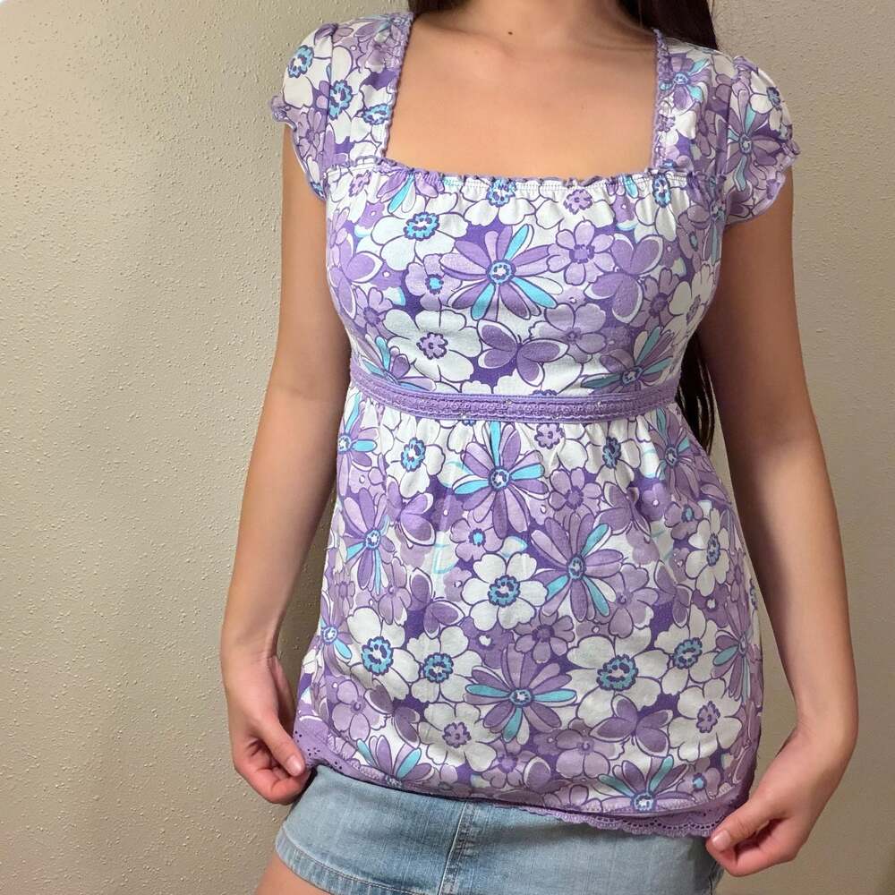 Justice Purple Floral Babydoll Top Cap Sleeve Lace Trim Tie Back